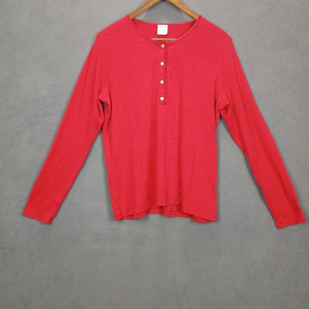 Lands' End Shirt Womens L 14-16 Red Knit Cotton Stretch Henley Neck Outerwear